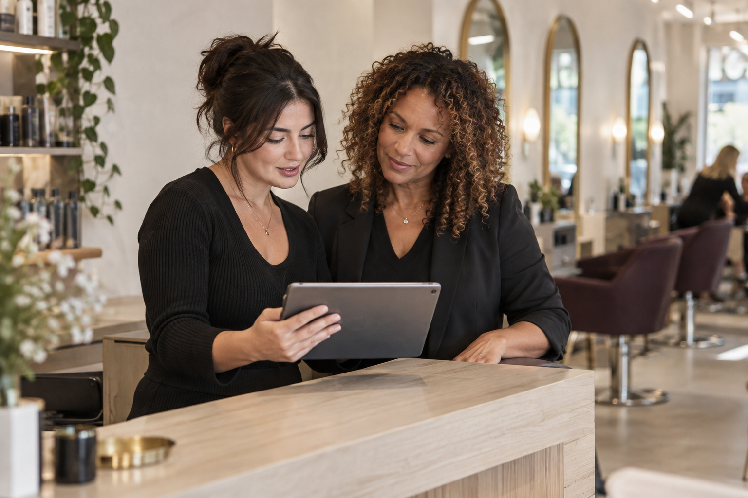Two salon colleagues reviewing a tablet at the front desk.